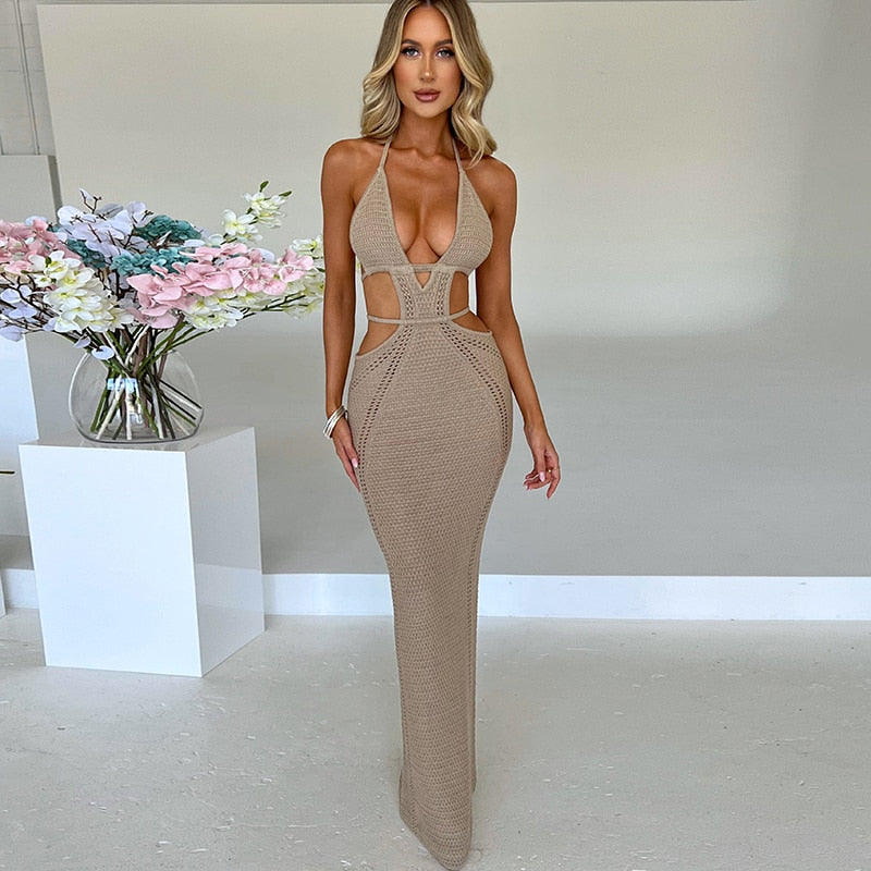 Crochet Halter Sleeveless Backless Solid Hollow Out Bandage Sexy Slim Party Outfit Maxi Dress