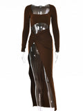 Sexy Hollow Out High Split Maxi Long Sleeve Party Dress