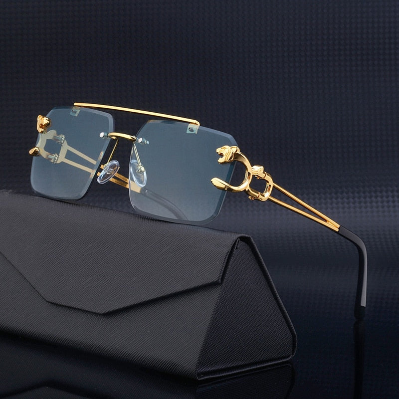 Metal Leopard Rimless Double Bridges Gradient Ocean Film Shades UV400 Sunglasses