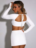 Square Collar Full Sleeve Crop Top And Mini Skirt Matching Party Two Piece Set