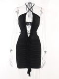 Hollow Out Ruffle Halter Backless Bodycon Party Mini Dress