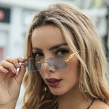 Rimless Rectangle Vintage Metal Leopard Head Sunglasses Frameless Tinted SunGlasses Shades Sunglasses